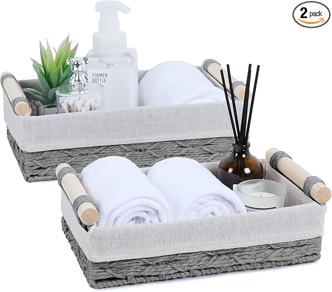 Wicker Storage Basket with Wooden Handle – Paper Rope Decorative Toilet Paper by Alongscenery