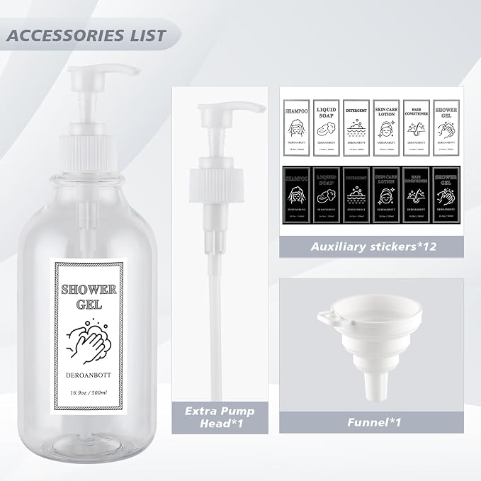 Shampoo and Conditioner Dispenser, Refillable Plastic Shampoo Pump Bottles - Image 2