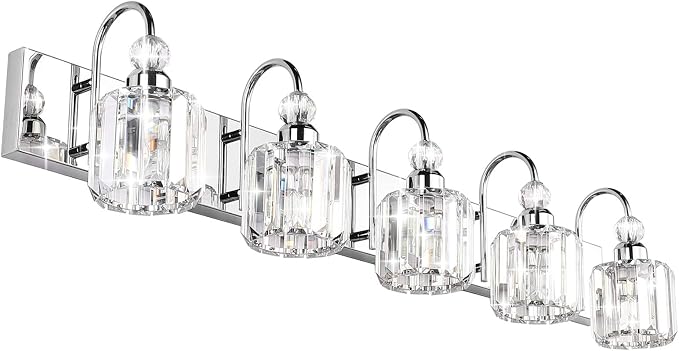 Ralbay Modern LED Crystal Bathroom Vanity Lights 5-Lights Stainless Steel by RalbayLighting