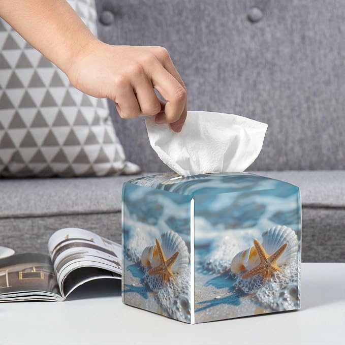 Shells Starfish on Beach Tissue Box Cover Square, Summer Ocean Shells Starfish - Image 6