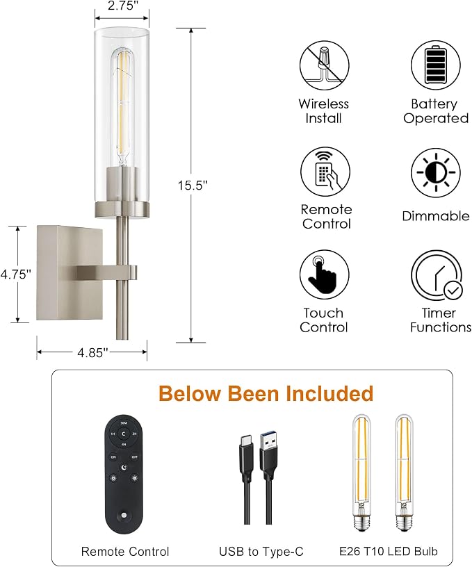 Brushed Nickel Battery Operated Wall Sconces - Image 2