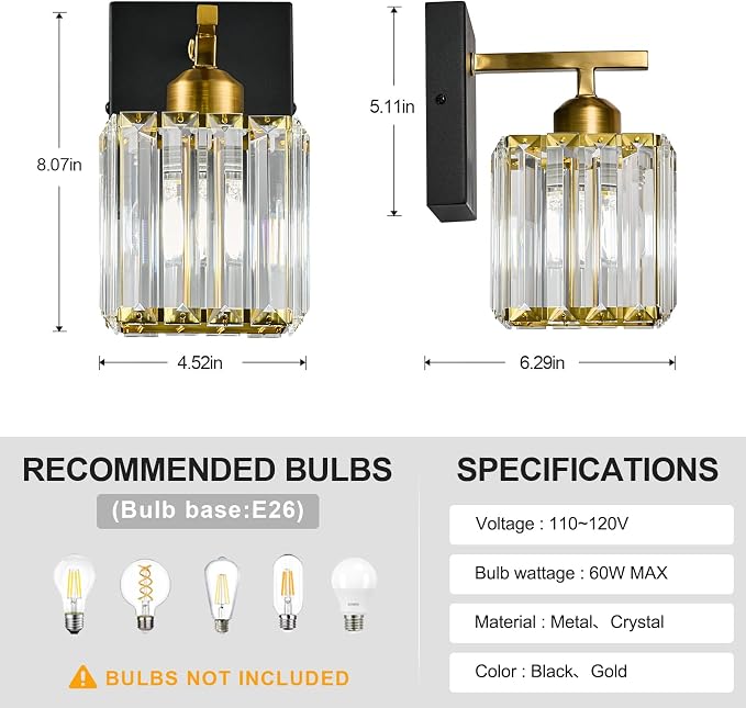 Modern Wall Sconce Set of Two Indoor Wall Lamp Black Gold Wall Sconces Crystal - Image 4