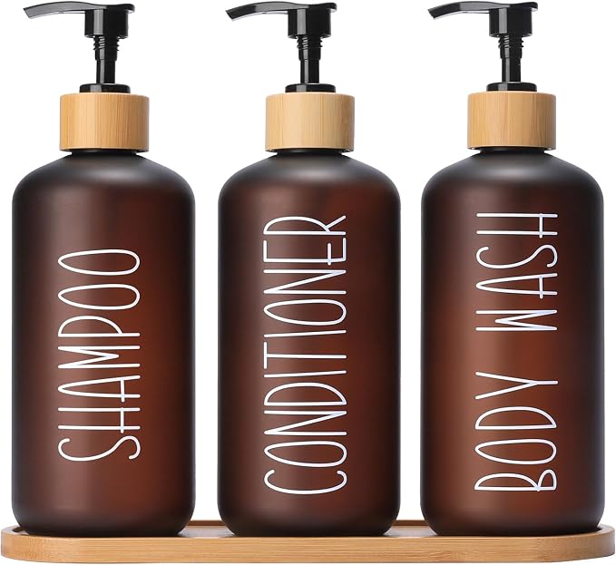 MOMEEMO Amber Shower Dispenser Set, Contains 3 Extra-Thick PET Plastic Bottles by MOMEEMO