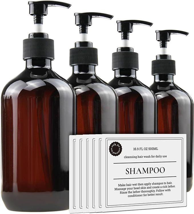 Empty Plastic Bottles with Pump Dispenser and Labels Included, Refillable by FOOCHY