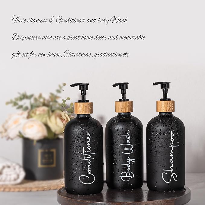Glass Shampoo and Conditioner Pump Bottles Soap Dispenser Bamboo Pump Head - Image 2