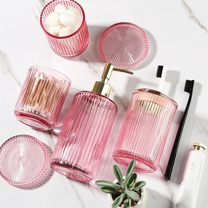 Pink Bathroom Accessories Set, 4 Pack Ribbed Grils Soap Dispenser and - Image 6