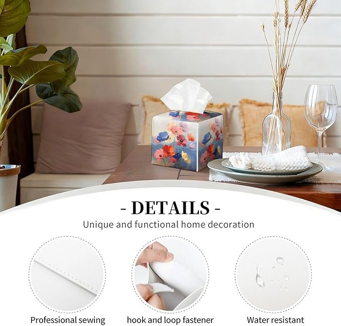Floral Tissue Box Cover Leather Tissue Box Holder Square Facial Paper Organizer - Image 5