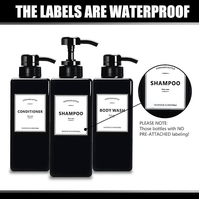 Black Shampoo Dispenser with Pump, YACEYACE 16.9oz Set of 3 Shampoo Bottles - Image 2