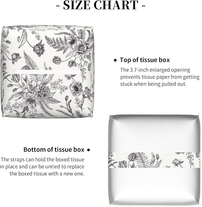 Black and White Flowers Tissue Box Cover Square, Vintage Floral Plant Leaves - Image 5