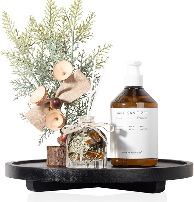 Round Decorative Tray Wood Bathroom Counter Organizer Farmhouse Kitchen Decor - Image 5