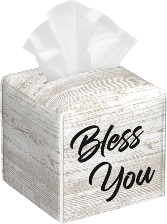 Bless You Tissue Box Cover Square, Wooden Board Texture Tissue Box Holder by sndheke