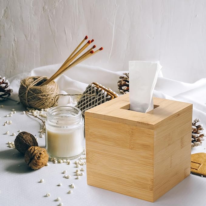 Tissue Box Cover, Square Tissue Box Holder, Bamboo Facial Paper Holder - Image 6