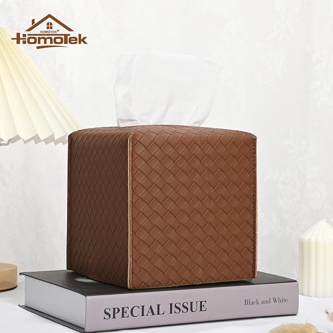 HOMOTEK 2 Pack Tissue Box Cover, Square PU Leather Tissue Holder, Decorative - Image 5