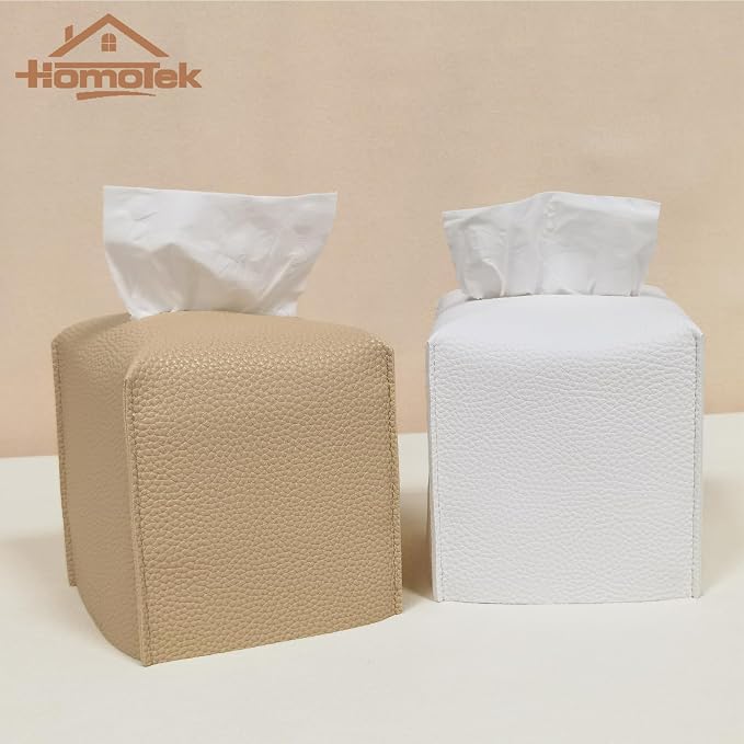HOMOTEK 2 Pack Tissue Box Cover, Square PU Leather Tissue Holder, Decorative - Image 5