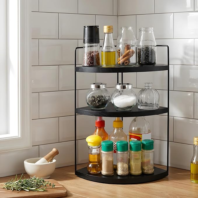 Corner Bathroom Counter Organizer Countertop Black, 3-Tier Corner Shelf Wood - Image 3