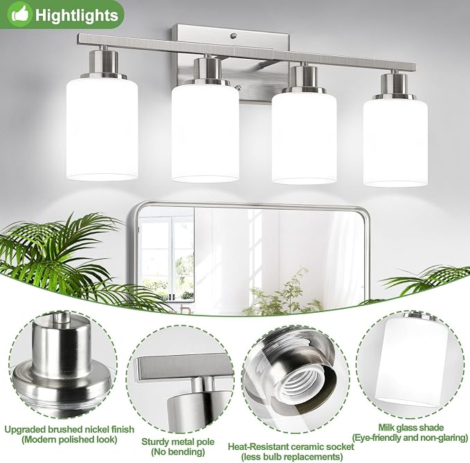 4-Light Bathroom Light Fixtures, Brushed Nickel Vanity Lights - Image 4
