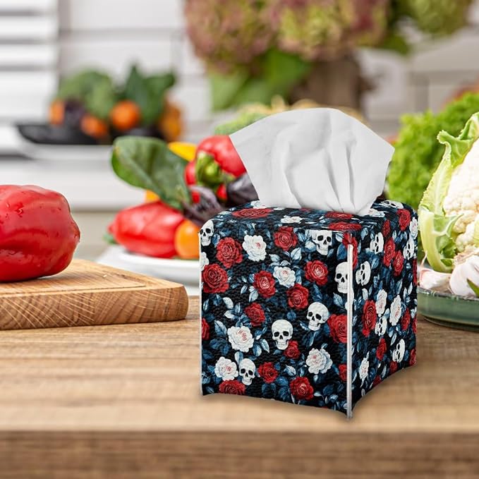Red Rose Skull Modern Tissue Box Holder, Waterproof Square PU Leather Napkin - Image 5