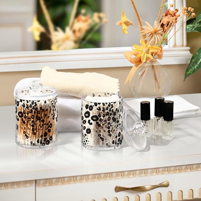 2 Pack Qtip Holder Dispenser for Cotton Ball Brown Floral Leopard Print Cotton - Image 7