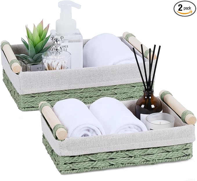 Wicker Storage Basket with Wooden Handle – Paper Rope Decorative Toilet Paper by Alongscenery