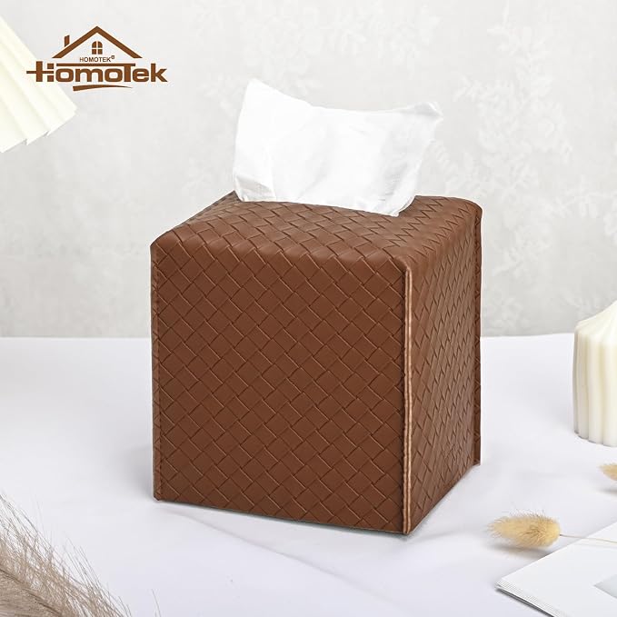 HOMOTEK 2 Pack Tissue Box Cover, Square PU Leather Tissue Holder, Decorative - Image 4