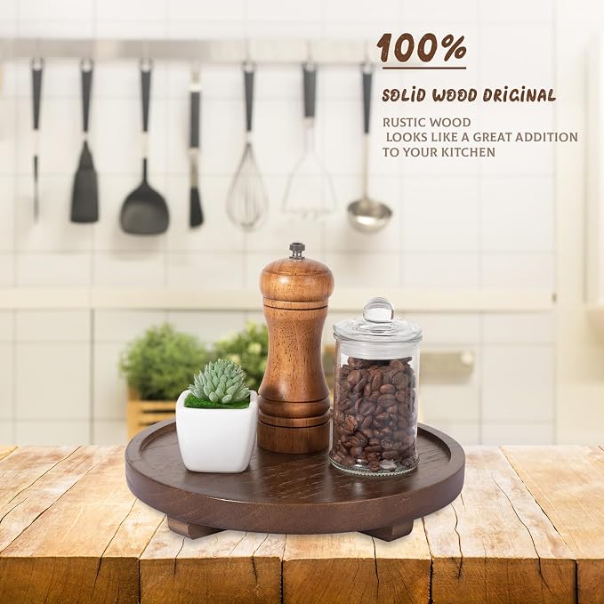 Round Decorative Tray Wood Bathroom Counter Organizer Farmhouse Kitchen Decor - Image 2