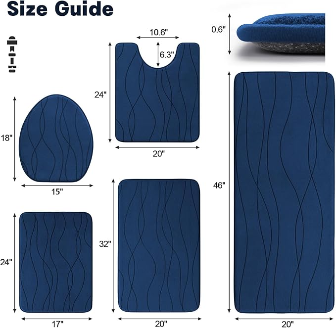 YIHOUSE Memory Foam Blue Bathroom Rug Sets 5 Piece, Ultra Absorbent Bath Mat - Image 2