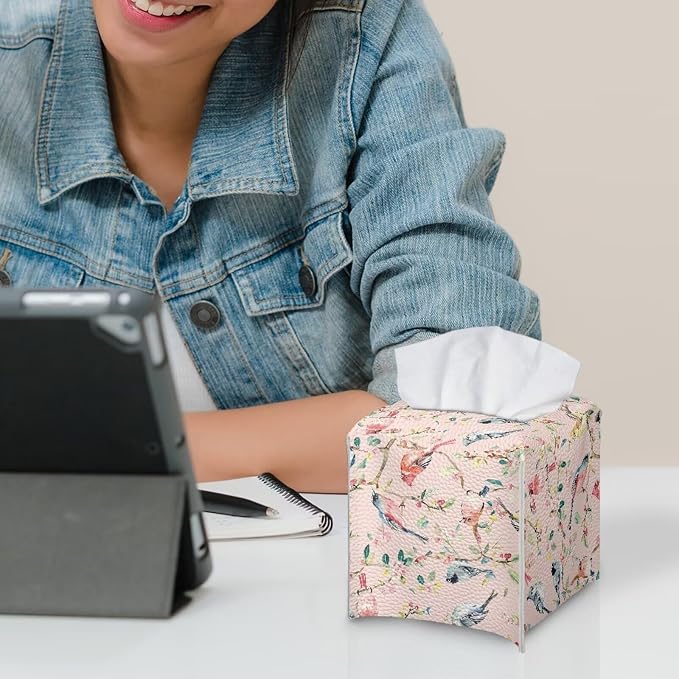 Bird Flowers Tissue Box Holder, PU Leather Square Napkin Cover - Image 6