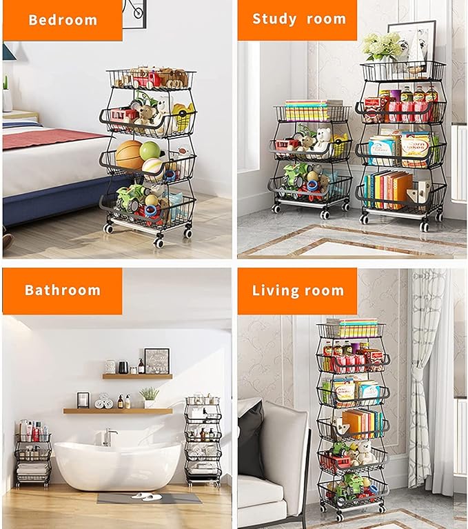 Metal Wire Baskets with Wheels, Stackable Storage Bins Kitchen Organizer Shelf - Image 5