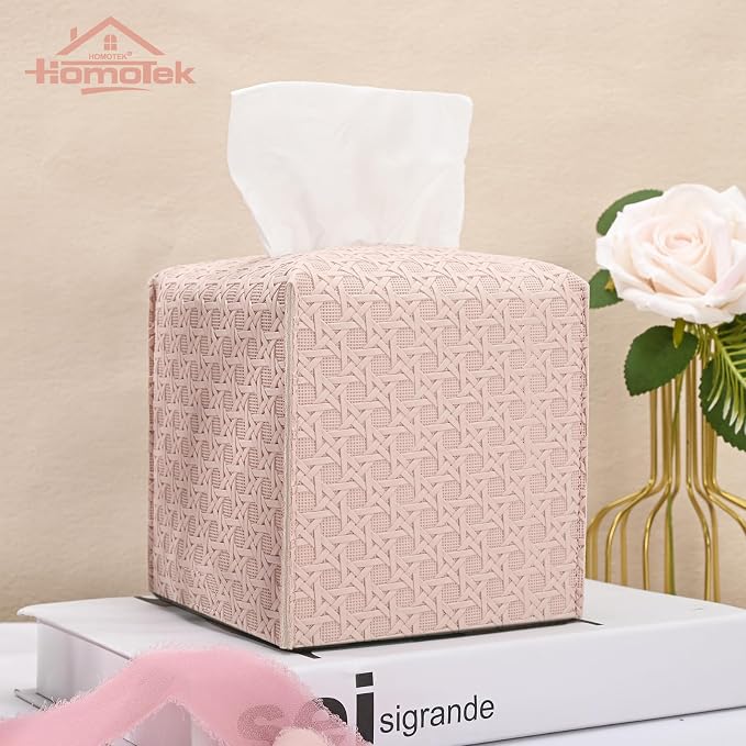 HOMOTEK 2 Pack Tissue Box Cover, Square PU Leather Tissue Holder, Decorative - Image 3