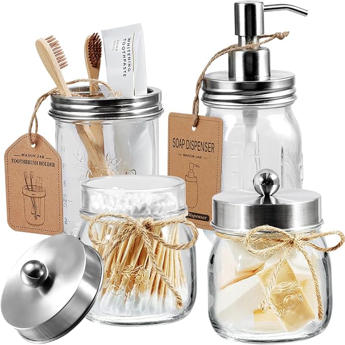 Amolliar Mason Jar Bathroom Accessories Set -Lotion Soap Dispenser & 2 Qtip by Amolliar