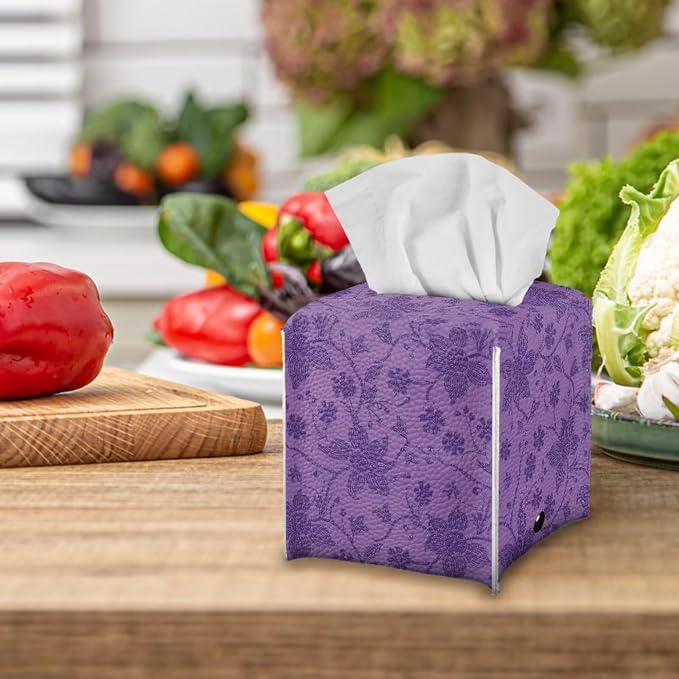 Purple Flowers Tissue Box Case PU Leather Square Modern Asthetic Tissue Box - Image 5