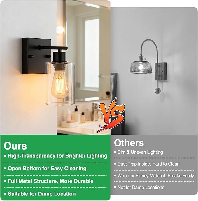 2-Pack Wall Sconces for Bathroom, Matte Black Vanity Lights, Modern Wall Light - Image 3