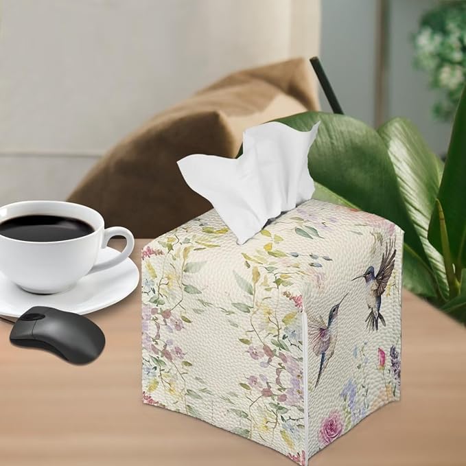 Bird Flowers Minimalist Tissue Box Holder, Square PU Leather Napkin Organizer - Image 4