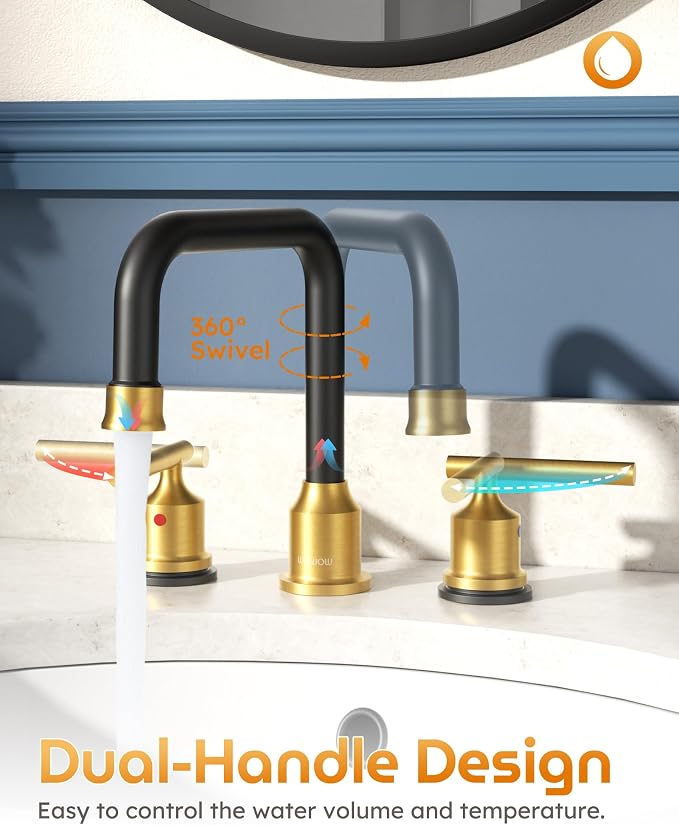 Black and Gold Bathroom Faucet: WOWOW Widespread Bathroom Sink Faucet 3 Hole - Image 5
