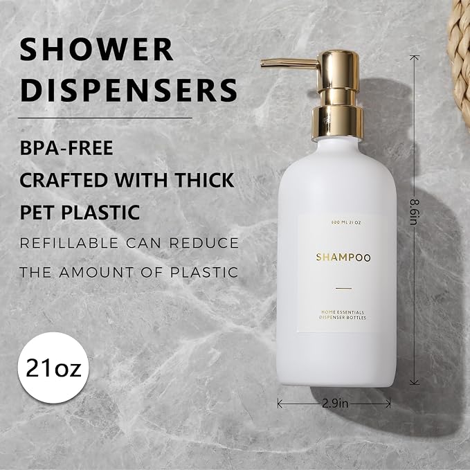 HOMCDALY Shampoo and Conditioner Dispenser, 21oz 3-Pack Refillable Pump Bottles - Image 2