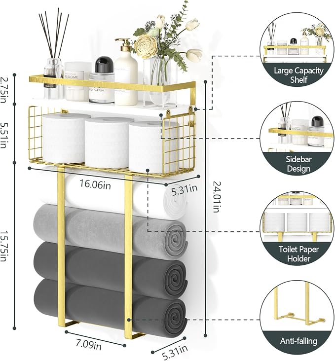 Towel Racks for Bathroom, Bathroom Shelf Over Toilet, Floating Shelves - Image 3