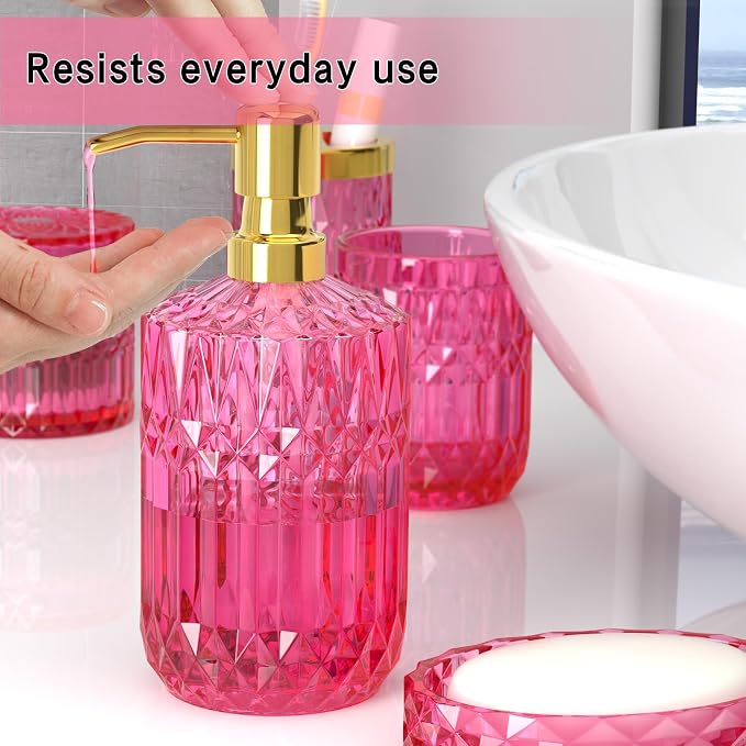 Hot-Pink Glass Bathroom Accessories Set 5 Pcs, Hot-Pink Bathroom Set, Soap - Image 5