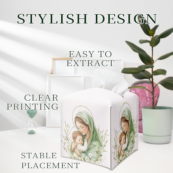 Holy Infant & Virgin Mary Square Tissue Box Cover, PU Leather Drawstring Bottom - Image 5