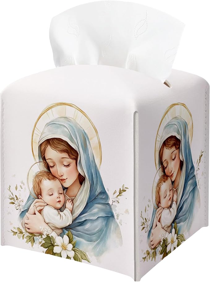 Holy Infant & Virgin Mary Square Tissue Box Cover, PU Leather Drawstring Bottom by BGFMVS