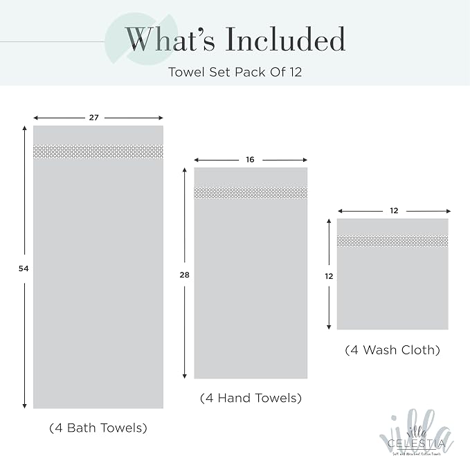 100% Cotton Bath Towel Set of 12-4 Bath Towels, 4 Hand Towels, 4 Wash Cloths - Image 2