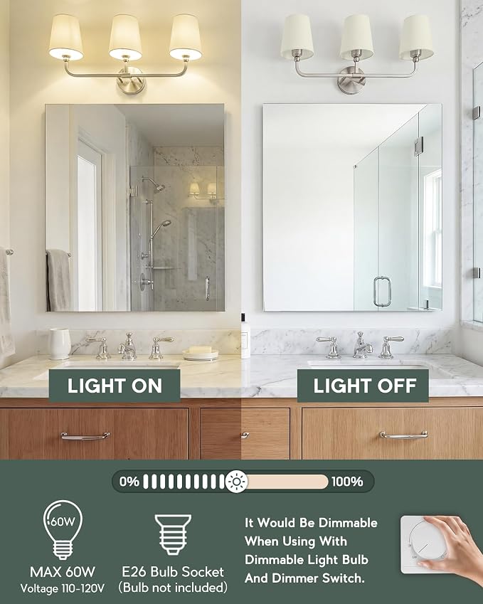 3-Light Bathroom Light Fixtures, Brushed Nickel Vanity Lights - Image 4