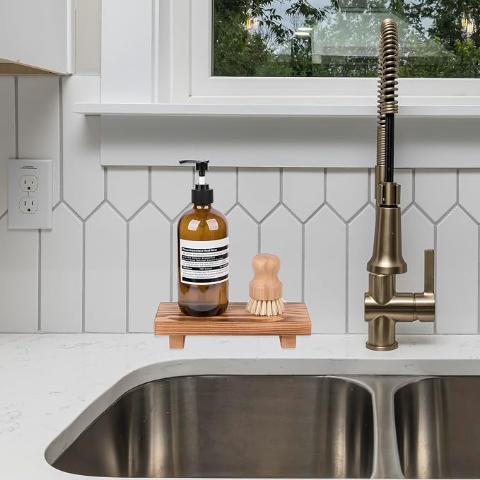 Bathroom Counter Organizer Wood Pedestal Stand Farmhouse Decorative Tray Soap - Image 6