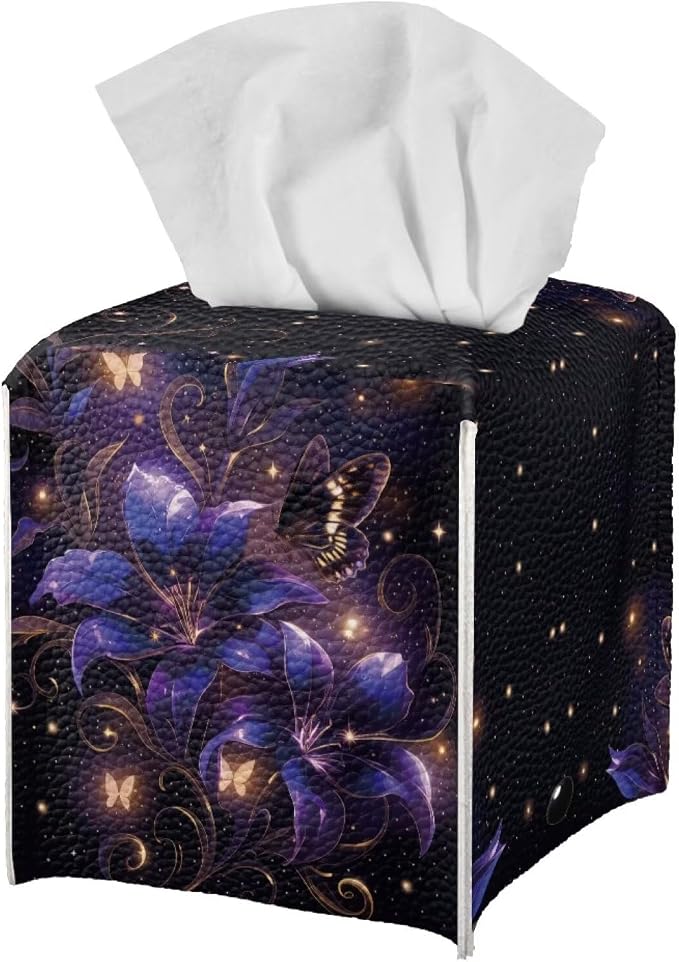 Purple Flower Tissue Box Holder Stylish Leather Square Tissue Box Cover - Image 2