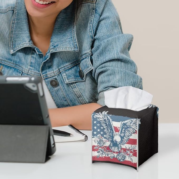 American Flag Eagle Tissue Box Holder Waterproof PU Leather Square Modern - Image 6