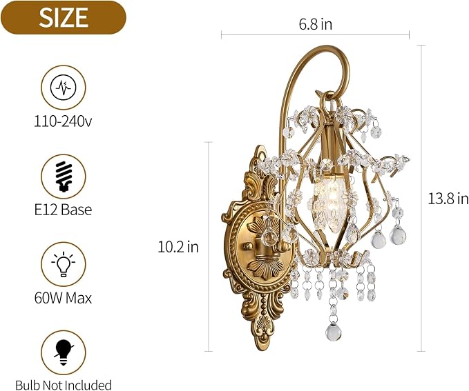 Gold Crystal Vintage Wall Sconces Set of 2 Indoor Hardwired Wall Light Fixture - Image 6