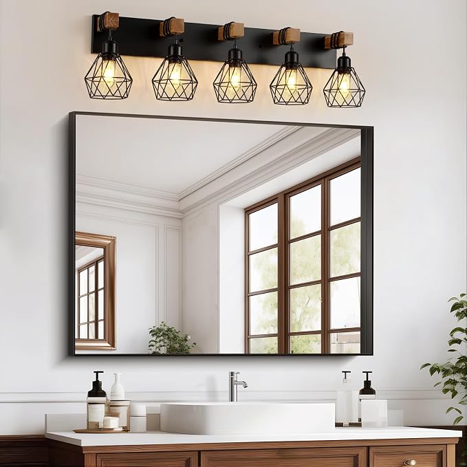 5-Light Farmhouse Bathroom Vanity Light Fixtures, Wood Bathroom Light Fixtures - Image 2