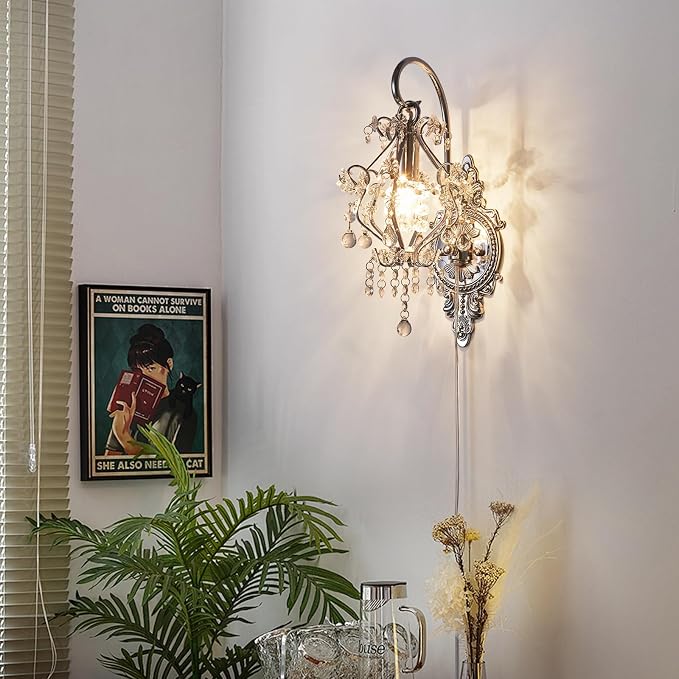 Silver Crystal Vintage Plug in Wall Sconces Set of 2 Indoor Wall Light Fixture - Image 4