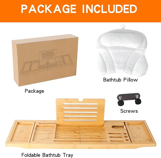 Bathtub Tray Table and Bath Pillow, Expandable and Foldable Bath Caddy Tray - Image 5