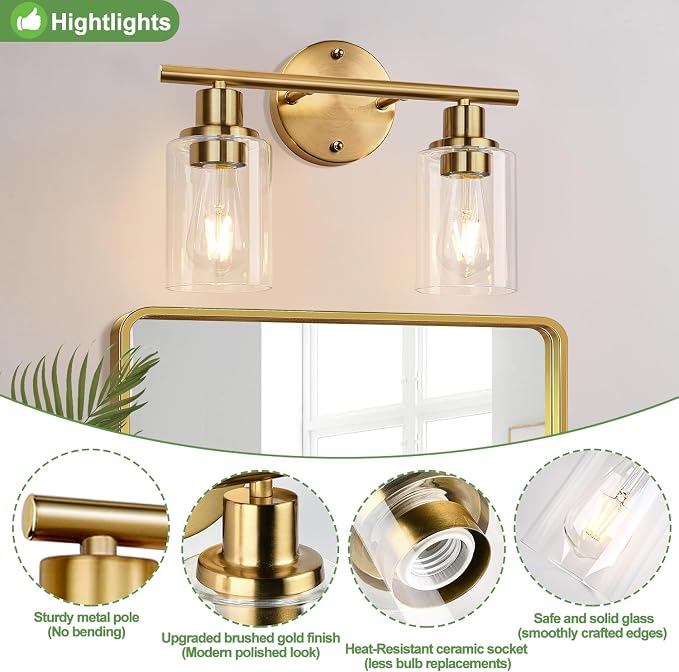 2-Light Bathroom Light Fixtures, Brushed Gold Vanity Light, Modern Vanity Lights - Image 4