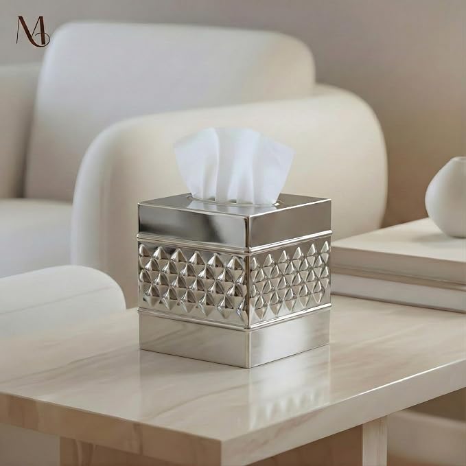 Monarch Abode Tissue Box Cover Square – Handcrafted Geo Embossed Nickel Chrome - Image 5